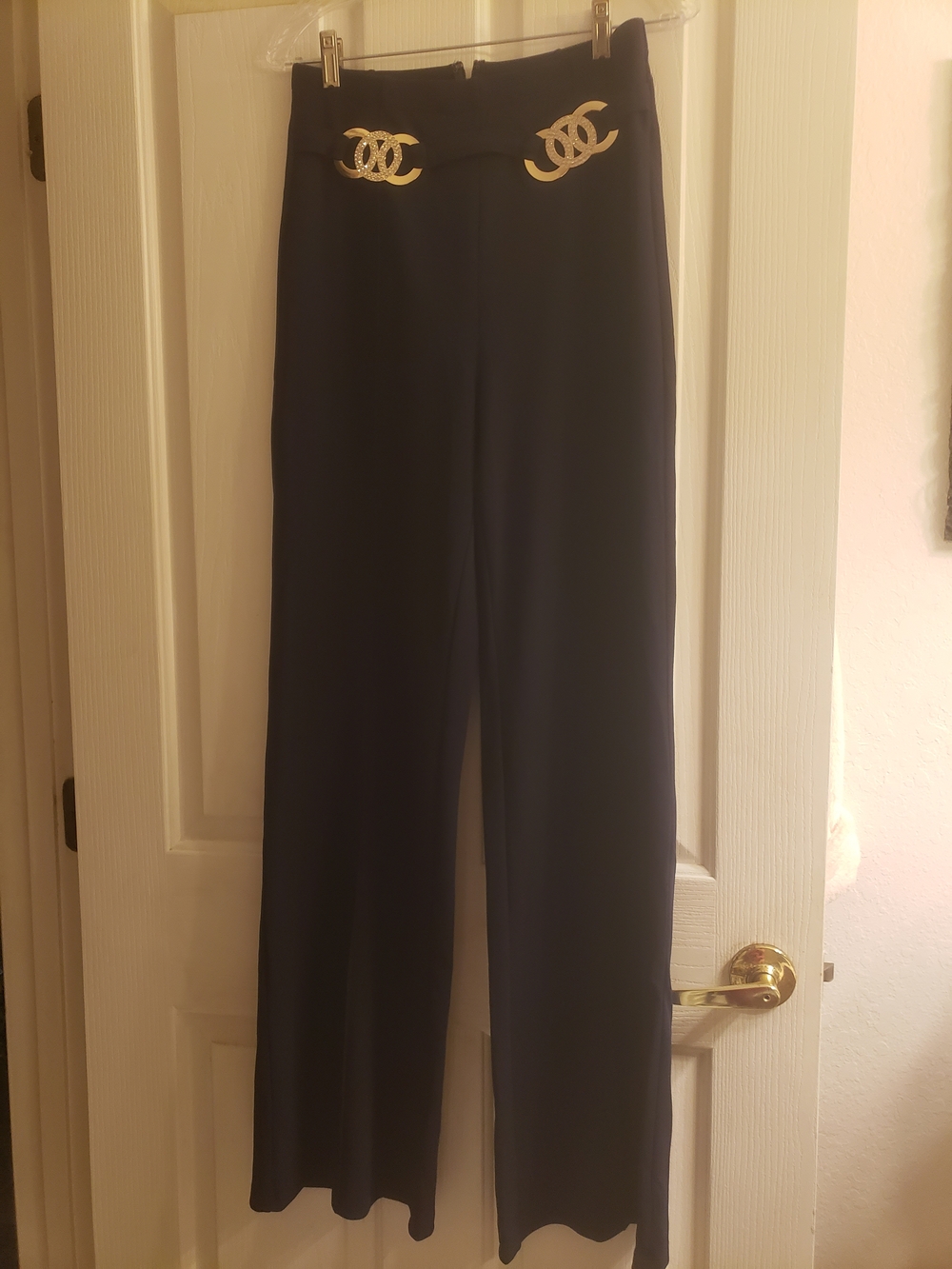 Fashion Nova Blue Wide-Leg Pants with Gold Tone Rhinestones Detail